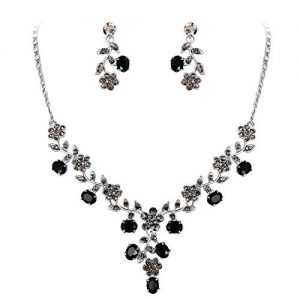 EVER FAITH Flower Leaf Necklace Earrings Set Austrian Crystal Silver-Tone - Black